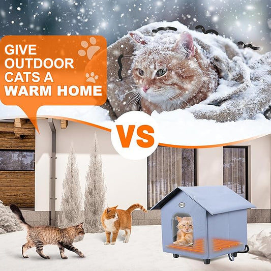 Dreyoo 1 Pack Heated Cat House Weatherproof, Winter Outdoor Tent with Heated Bed, Foldable Warm Shelter with 2 Doors for Feral Cats and Small Animals (Blue)