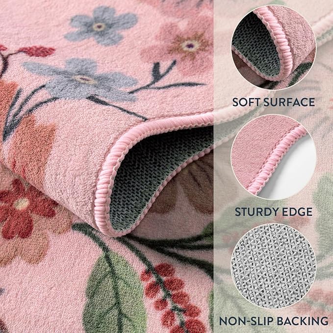 Lahome Floral Living Room Rugs, Pink Area Rugs 5x7 Rug for Bedroom Ultra-Thin Soft Rug, Non-Slip Washable Rugs Stain Resistant Throw Boho Rug for Nursery Playroom Classroom (5x7ft, Pink)