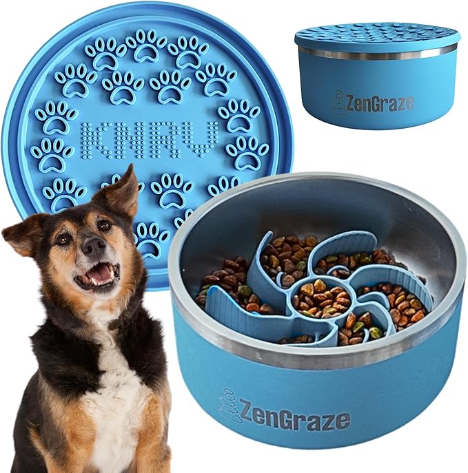 Slow Feeder Dog Bowls with Premium Accessories | Slow Feeder Insert & Silicone Lick Mat Lid - Heavy Duty, Stainless Steel Dog Bowl | Non-Slip & Durable, 64 oz | Medium to Large Dogs (Eli Blue)
