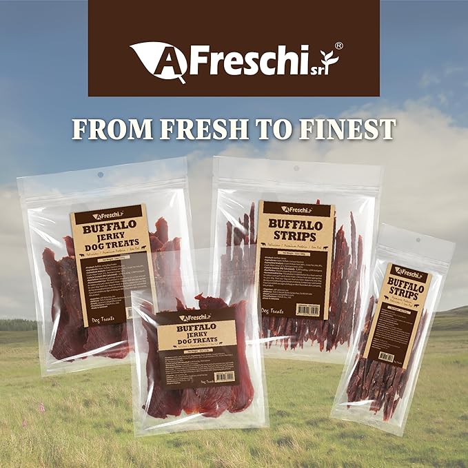 A Freschi srl Buffalo Dog Treats, All-Natural, Hypoallergenic, High Protein, Low Fat, Human Grade Puppy Chews – Healthy Grain-Free Training Treats, 12oz Jerky