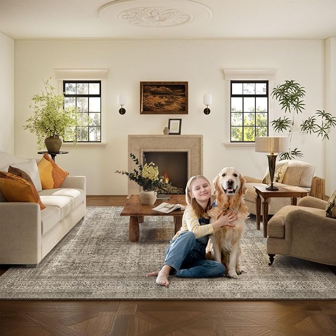 Washable Area Rugs for Living Room: 5x7 Bedroom Rug Boho Vintage Area Rug Stain Resistant Non Slip Low Pile Lightweight Soft Carpets for Dining Room Kitchen Nursery Kids Room Farmhouse