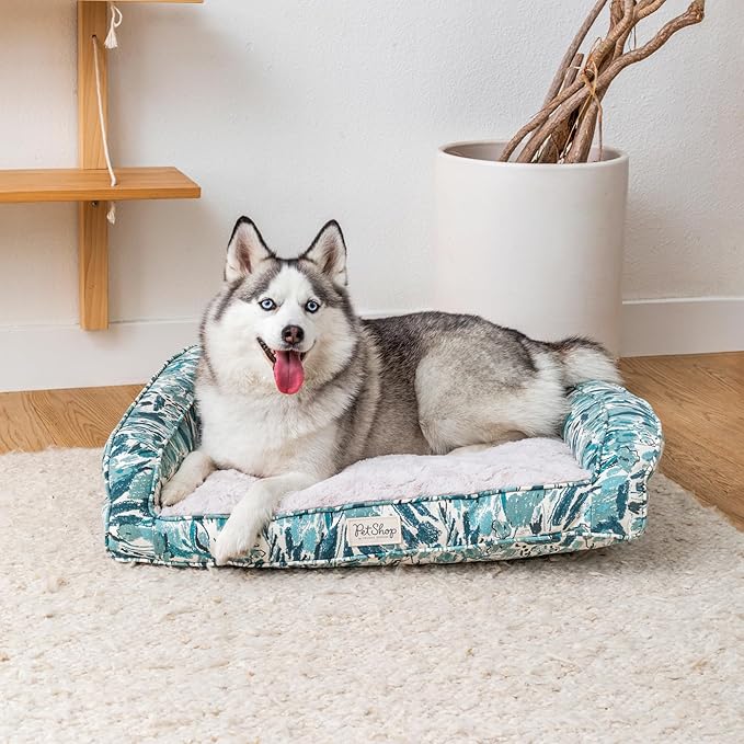 Fringe Studio Pastel Floral Soft Teal 28" W x 21" D x 7" H Medium Couch Pet Bed, 100% Cotton Canvas Exterior with Overfilled Bolster, Machine Washable, PetShop Collection (764MD001)