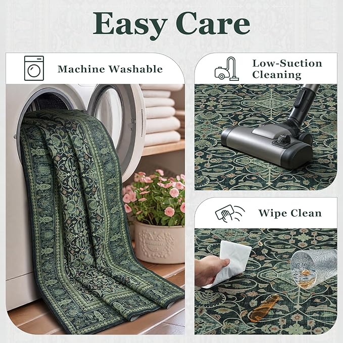 Dark Green Vintage Living Room Rug 9x12, Boho Floral Moroccan Pattern Printed Large Area Rugs for Bedroom, Washable Non Slip Low Pile Thin Carpet Rug for Dining Room Under Table