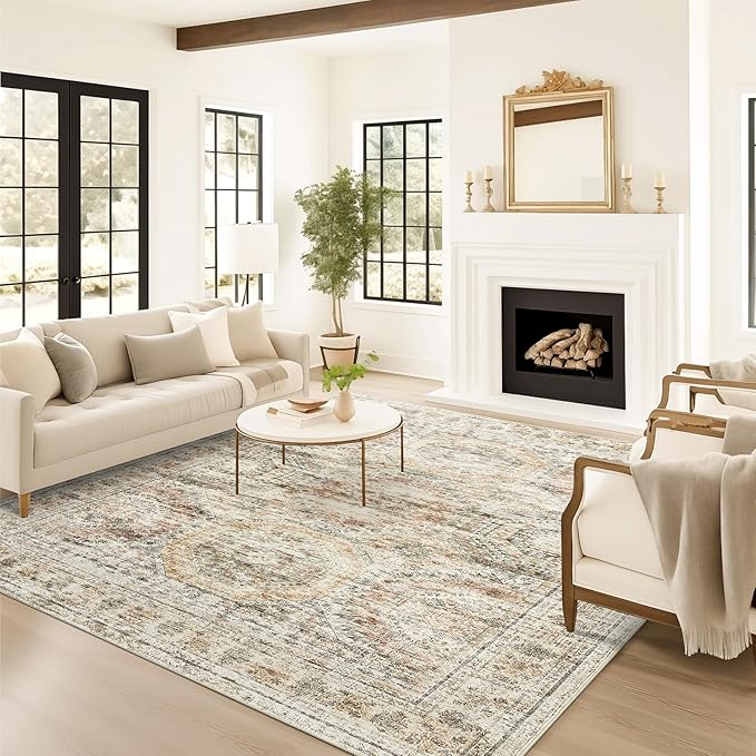 Washable Area Rug 8x10, Large Soft Rugs for Living Room Vintage 8x10 Area Rugs for Bedroom Dining Room Non-Slip Stain Resistant Under Table Brown Pink Rug