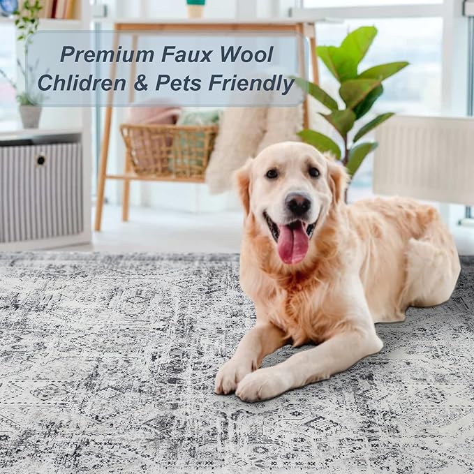 Area Rug 5횞7, Vintage Boho Rug,Ultra-Soft Low Pile, Washable, Non Slip,Stain Resistant Printed Carpet for Living Room Bedrooms Playroom Office Kitchen, Classic Grey.