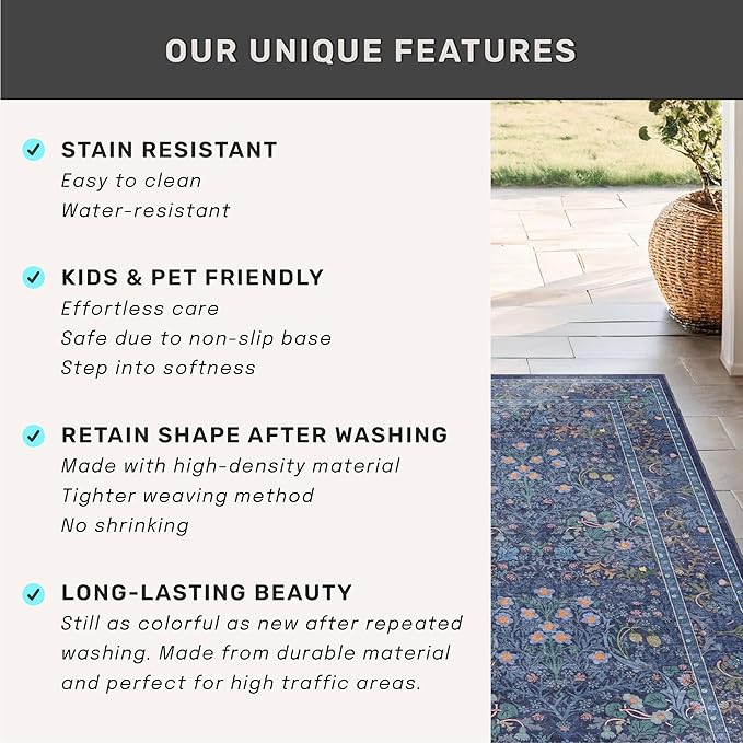 Dark Blue 3x12 Extra Long Wide Runner Rug for Hallway, Non Slip Washable, 12 ft Large Kitchen Floor Rugs for Indoor Entrance, Low Pile Stain Resistant Vintage Floral Carpet