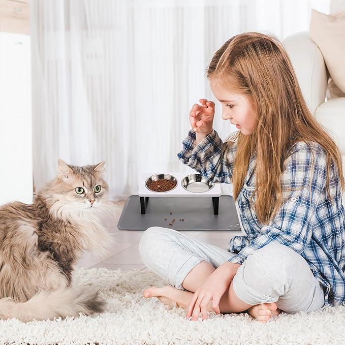 Upgraded Elevated Cat Bowls with Food Mat,15°Tilted Stand Anti Vomiting Raised Cat Dishes for Food and Water,2 Stainless Steel Bowls for Cats and Puppy(White)