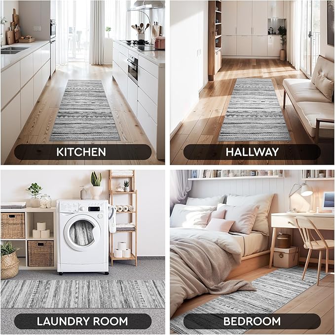 2x8 Runner Rug Machine Washable Non Slip Area Rug Distressed Neutral Moroccan Boho Rug Ultra Soft Floor Runners for Hallways for Entryway Laundry Room Kitchen, Black