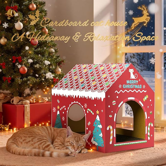 WESTERN HOME Cardboard Cat House W/Scratcher, Christmas Cat Houses for Indoor Cats (16.5''x12''x15''), Bunny&Kitten Hideaway Cats Scratching Playhouse for Christmas Decorations