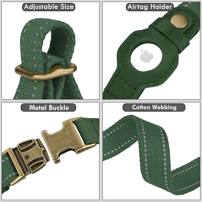 Reflective Leather Dog Collar with AirTag Holder - Soft Apple Airtag Dog Collar with Metal Buckle - Safety Cotton Pet Collars for Dogs Small Large Dogs Puppy (Hunter Green, M, 14"-18")