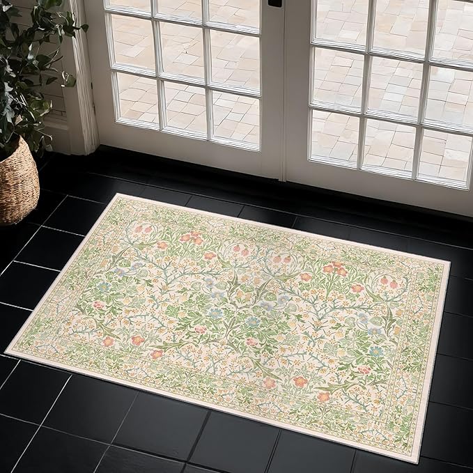 Washable Entry Rug - Front Door Rugs Indoor, Non-Slip Bathroom Small Rugs, Vintage Floral Style Rug for Kitchen, Perfect for Entryway Décor (2x3 Beige Green)