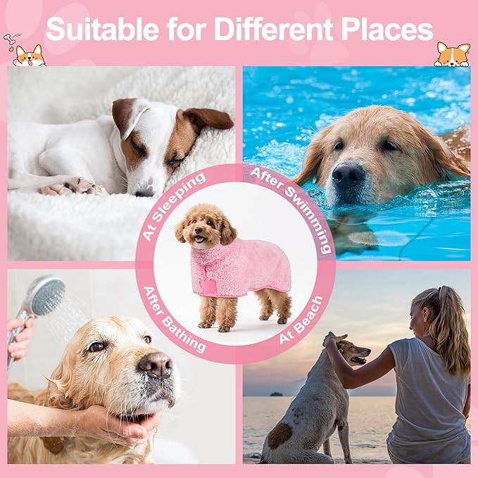 Bienbee Dog Bathrobe, Quick Drying Super Absorbent Dog Robes for After Bath, Warm Keeping Dogs Towel, Dogs Bath Supplies, Pink S