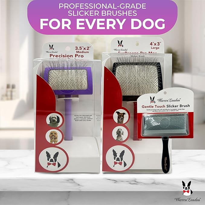 Warren London Precision Pro Slicker Brush for Dogs – 3.5" x 2" Medium Slicker Brush for Tangle-Free Grooming – Soft Pins for Medium & Long Coats – Ergonomic Handle – Professional Pet Grooming Tool