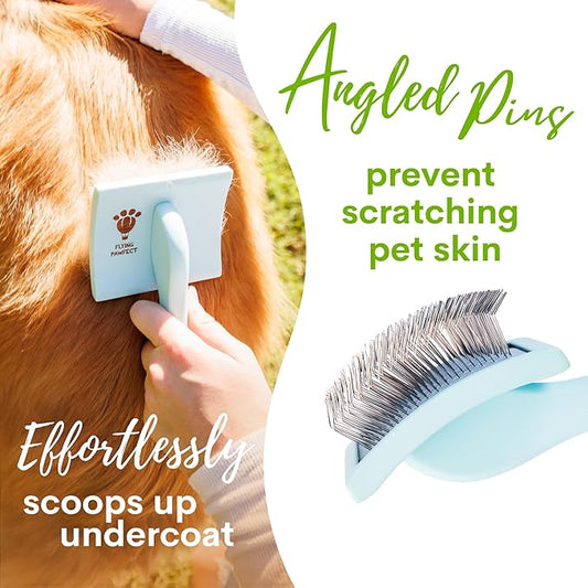 Pet Slicker Brush With Soft Massage Grooming Stainless Steel Pins - For Dematting, Shedding Fur, and Undercoat - Ideal Gift for Professional Pet Groomers - Long Slicker Brush (Blue, Curved Small)