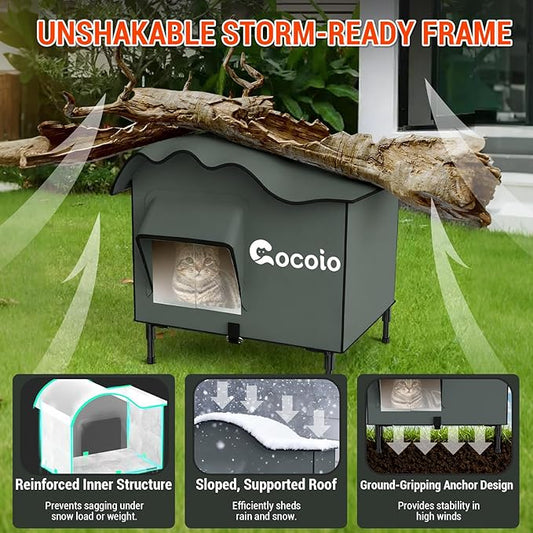 Heated Outdoor Cat House Weatherproof,Extra Large Insulated Heated Cat House for Multiple Cats Outside,Upgraded Feral Elevated Warm Cat Shelters for Winter with Heat Pad,Eaves&Escape Door Collaspable