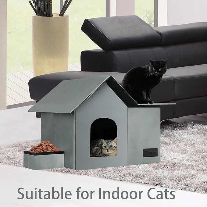 Cat Houses for Outdoor Cats-Large Weatherproof Cat Bed for Indoor Cats,Collapsible Warm Feral Cat Shelter with Removable Soft Mat and Bowl for Winter (Gray, Large)