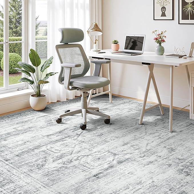 5x7 Washable Area Rugs for Living Room, Soft Faux Wool Carpets for Bedroom Dining Room, Neutral Vintage Distressed Non Slip Stain Resistant Grey White Rug for Home Office Decor