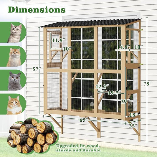 Large Outdoor Cat Window Perch, Catio Cat Enclosure Window Box with 4 Jump Platforms and 4 Doors, Cats Patio w/All-Weather Roof for Indoor Kitty Sunbathing, Napping, Playing