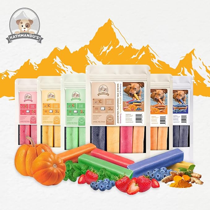 KATHMANDU'S 100% Natural Turmeric Flavored Yak Chews – Keep Dogs Busy & Happy with Our Lactose&Rawhide Free Himalayan Dog Chews - Long Lasting Dental Treats for Aggressive Chewers (Large, Pack of 4)