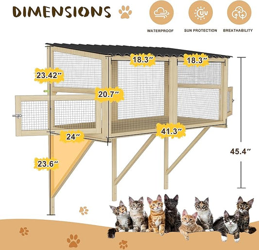 Outdoor Cat Window Perch, Catio Cat Enclosure Window Box Access with Double Doors for Cats Tunnel, Cats Patio w/All-Weather Roof for Indoor Kitty Sunbathing, Napping