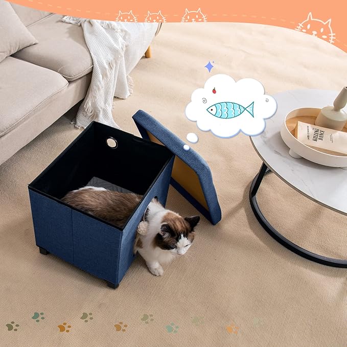 BRIAN & DANY Foldable Cat House, Cat Cave, Cat Cube with Scratch Board & Ball, 14.7" x 14.1” x 12.7”, Blue