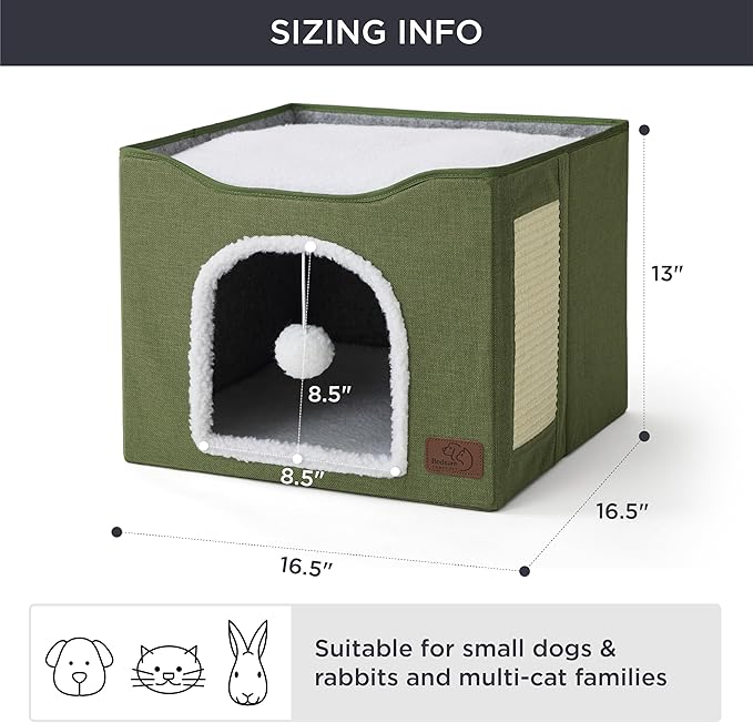 Bedsure Cat Beds for Indoor Cats - Large Cat Cave for Pet Cat House with Fluffy Ball Hanging and Scratch Pad, Foldable Cat Hideaway, 16.5x16.5x13 inches, Loden Green
