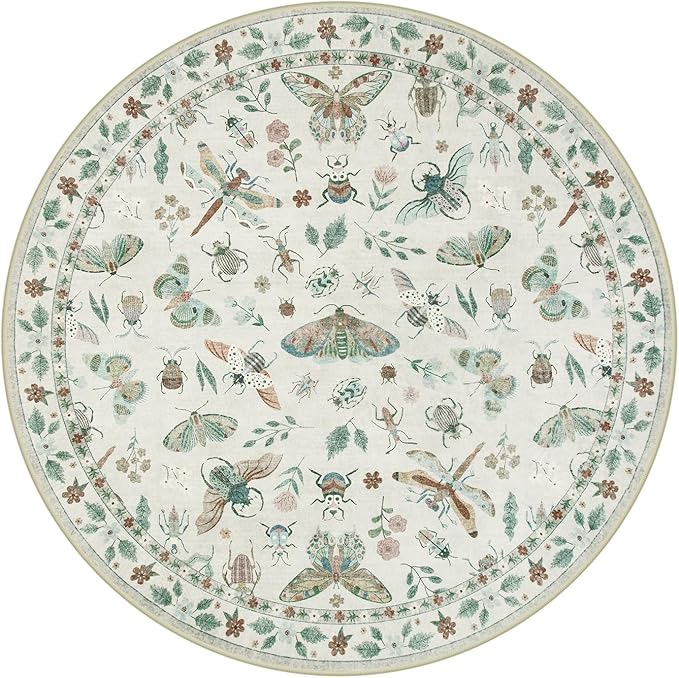 Lahome Insect Washable Round Rugs, Non-Slip Soft Round Rug 4ft Ultra-Thin, Small Boho Circle Carpet for Entryway Kitchen Bedroom Nursery Bathroom, Beige