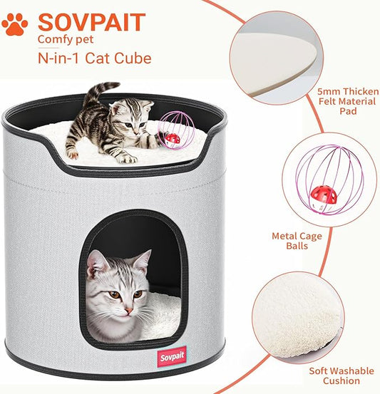 Cat House for Indoor Cats Large Double Cat Beds Cave with Cat Scratcher Pad Toys w/Catnip,Soft Washable Cushion Cat House Shelter D15xH15in Grey (Metal Cage Balls+5mm Pad)