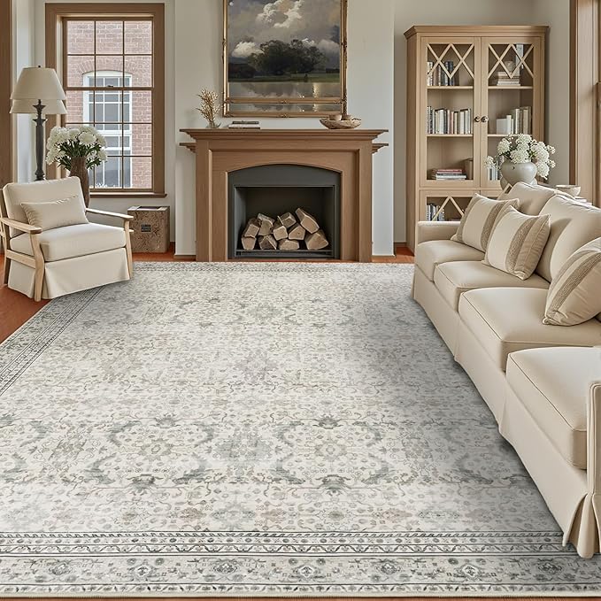 Washable Area Rugs 9x12 Floral Beige, Large Indoor Rug for Living Room Bedroom, Vintage Farmhouse Carpet for Dining Room, Cream White