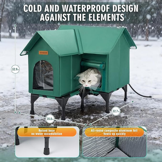 Outdoor Cat House Weatherproof, Heated Cat House for Outside, Insulated Outdoor Cat Shelter with Thickened Model (Green, L)