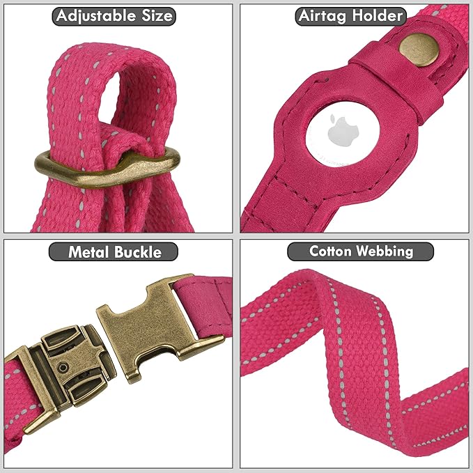 Reflective Leather Dog Collar with AirTag Holder - Soft Apple Airtag Dog Collar with Metal Buckle - Safety Cotton Pet Collars for Dogs Small Large Dogs Puppy (Pink, XL, 20"-25")