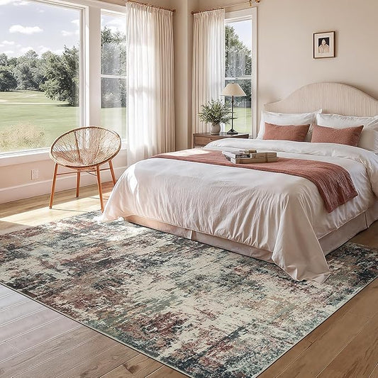 Rugflix 5x7 Area Rugs for Living Room, Washable Large Rug Stain-Resistant Low Pile, Modern Carpet for Dining Room Home Office Kid Room Nursery Bedroom, Rust