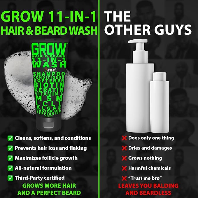 Biotin Beard Balm + 11-in-1 Beard & Hair Growth Shampoo – Kit with Castor Oil, Peppermint & Keratin – 2X Thickening Balm, Mustache Wax & Conditioner – Hydrates, Thickens & Softens