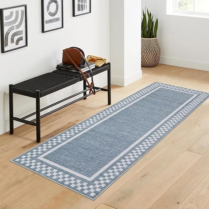 GarveeHome Kitchen Runner Rug Washable Runner Rug 2x6 for Hallway Non Slip Soft Throw Runner Carpet Modern Bordered Bathroom Mat Low Pile Checkered Runner Rugs for Bedroom Living Room Entry, Blue