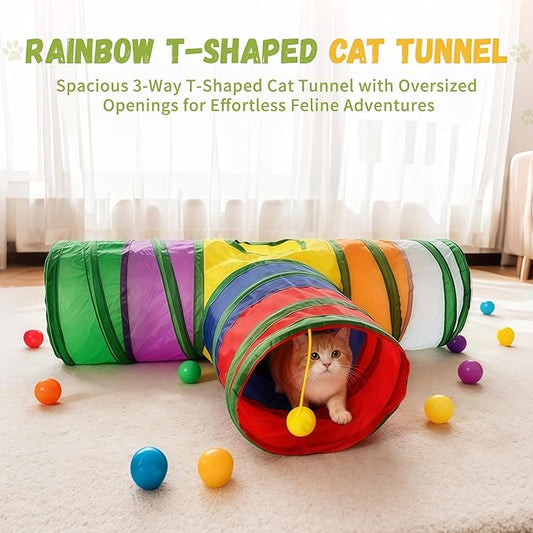 Cat Tunnel,Cat Tunnels for Indoor Cats Interactive, Pet Tunnel Toys for Cats Kitten Rabbits,3 Way Collapsible,Rainbow L 32" T Shape