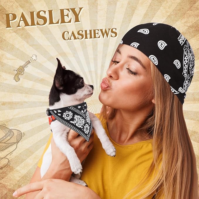 Cat Dog Bandana Collar & Owner Matching Paisley Pattern Bandana Women Headband Square Scarf Headwear Puppy Scarf for Small Dog Adjustable Cat Collar Triangle Neckerchief Handkerchief(Black)