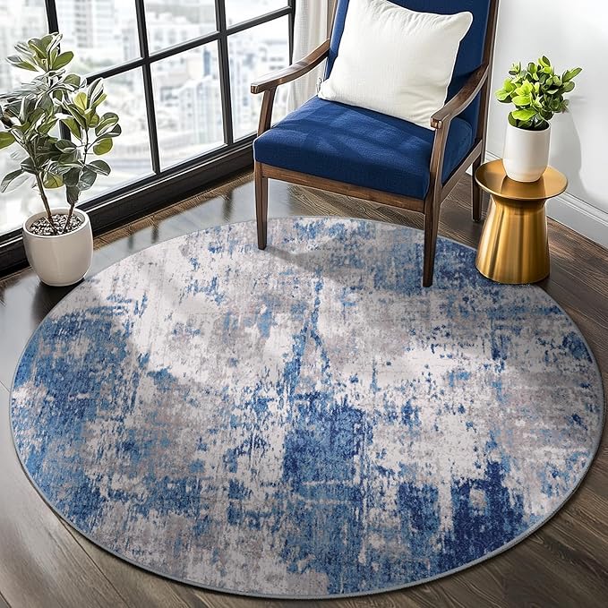 Washable Area Rugs 4ft Non-Slip Modern Abstract Soft for Living Room Entryway Bedroom Nursery, Print Pattern, Blue Grey Navy Gray