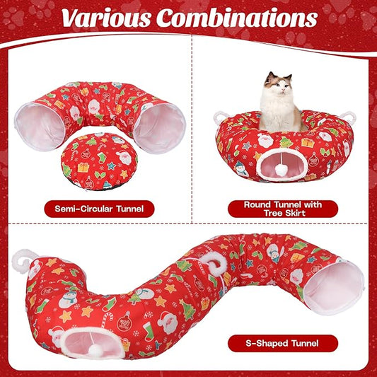 Cat Tunnel Christmas Tree Skirt, Cute Cat Tunnel Bed Under Christmas Tree with Washable Mat, Dangling Balls, Circle Pet Donut Tube Bed for Kitten Puppy Rabbit, Cats Xmas Toy Gifts