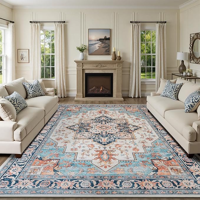 Lessymo 5x7 Area Rugs for Living Room, Washable Rug for Bedroom Kitchen Dining Room, Soft Vintage Carpet Non Slip, Large Boho Rug Low Pile for Entryway Dorm Nursery Kids Room Bedside, Orange/Blue