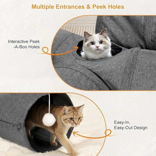 Ownpets Cat Tunnel Large 3 Way Collapsible Cloth Pet Tunnel Tube with Plush Ball & Feather Toy, U-Shaped Cat Play Tunnel for Indoor Cat, Puppy, Kitty, Kitten, Rabbit(Gray)
