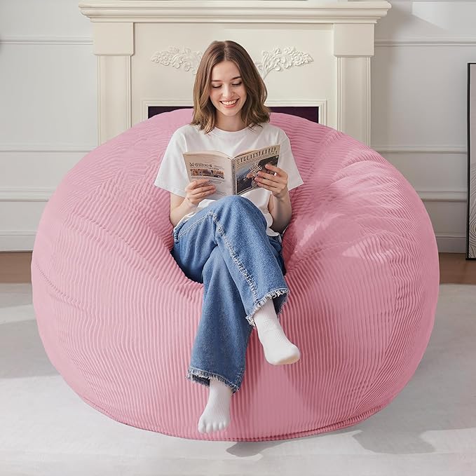 Homguava 5FT Bean Bag Chair for Adults,Teardrop Giant Bean Bags Big Beanbag Chair with Memory Foam Filled and Ultra Soft Removable Corduroy Cover for Living Room, Bedroom (Light Pink)