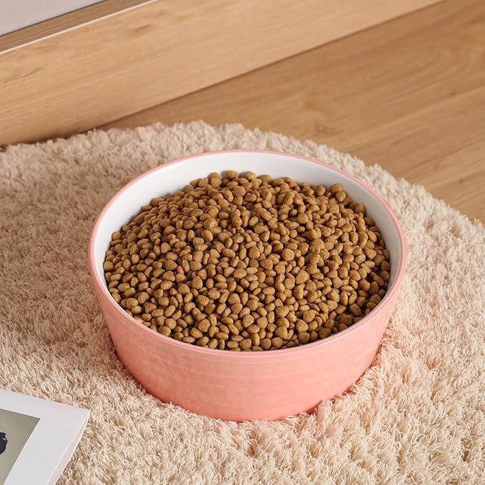 Pink Dog Bowl Ceramic for Medium Large Breed, Heavy Weighted Dog Food Water Dish, 8 in Non - Slip Modern Cute Extra Big Porcelain Pet Bowl Maze Wide Mouth