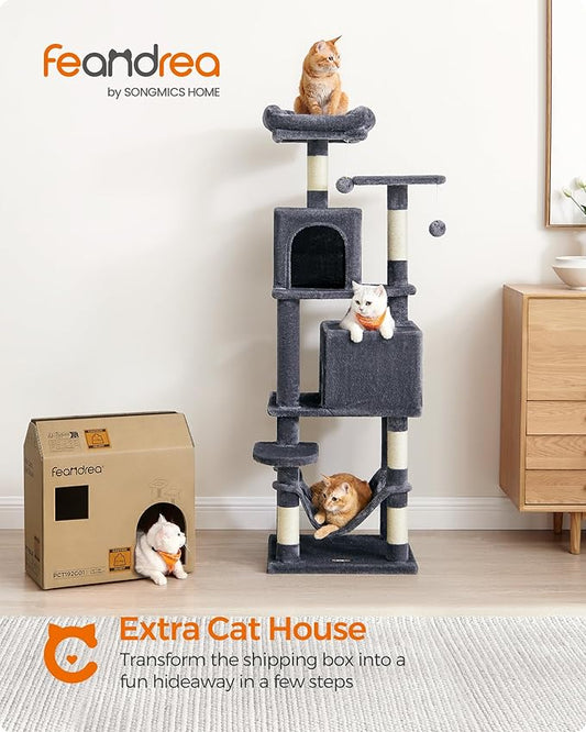 Feandrea Cat Tree, 59.5-Inch Tall Cat Tower, Plush Multi-Level Condo with 5 Scratching Posts, 2 Perches, 2 Caves, Hammock, 2 Pompoms, Smoky Gray UPCT192G01