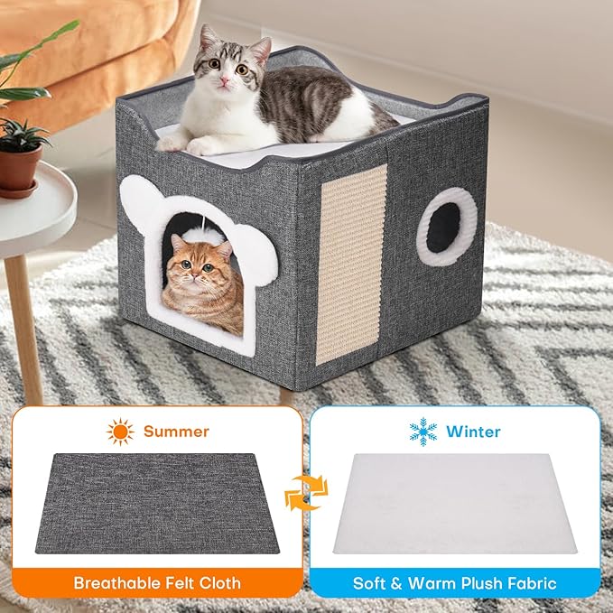 Cat Beds for Indoor Cats, Large Cat House Foldable Cat Cave with Scratch Pad and Hanging Fluffy Ball, Reversible Cushion Hideaway for Pet Cats, 16.5x16.5x13.2 inches, Dark Grey