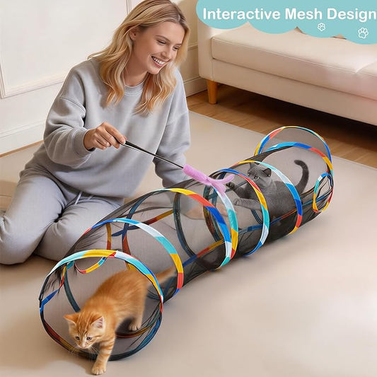 Glittme 48" Mesh Cat Tunnel for Indoor Cats Breathable Pet Play Tunnel with Bonus Mouse Teaser Collapsible Kitten Tube Rainbow Trim 9.8" Dia See-Through Hiding Spot for Large Cats & Rabbits