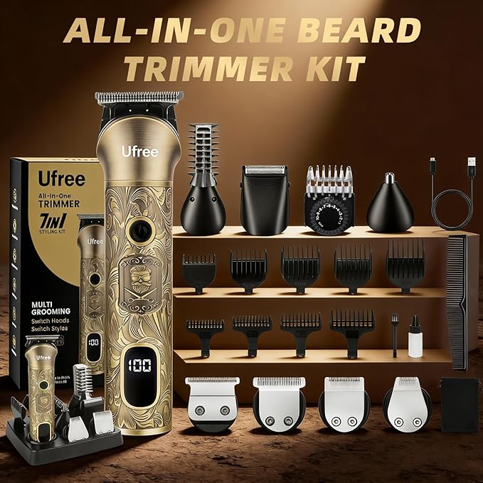Ufree Beard Trimmer for Men, Electric Razor Shaver, Cordless Hair Clipper Shaving Kit for Mustache Body Nose Ear Hair Facial, Adjustable Beard Grooming Kit Birthday Gifts for Men