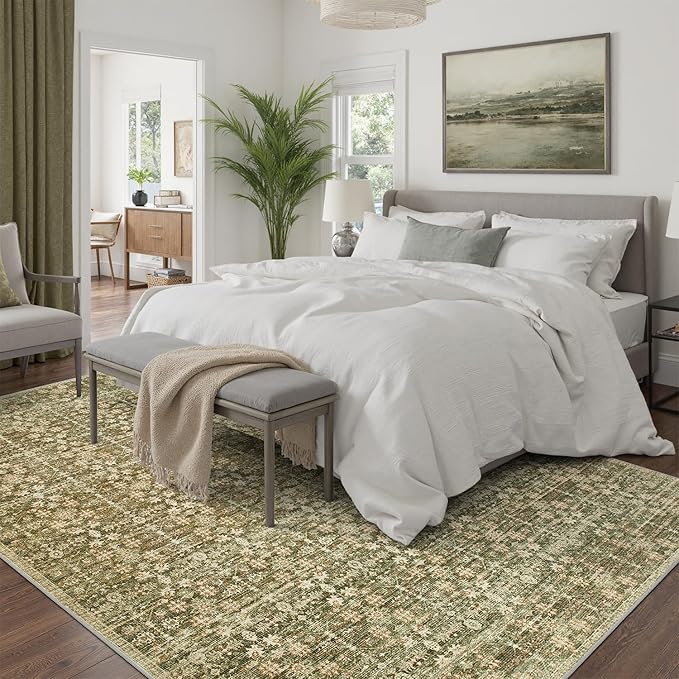 DCX 8x10 Neutral Rug, Kid & Pet Friendly with Rubber Back Non Slip, Machine Washable Stain Resistant Olive Green Floral Rug for Living Room, Bedroom, Soft Low Pile Large Nursery Carpet