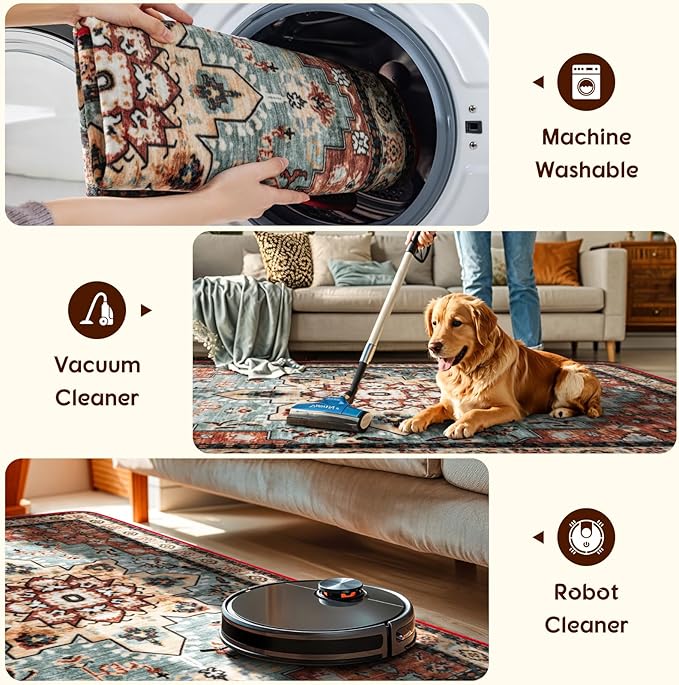 LBRO2M Boho Area Rug 8X10 Washable Rugs for Bedroom Low Piles Indoor Carpet, Non Slip Soft Rug for Living Room, Dining Room, Red Rug Foldable Pet Friendly Area Rugs Stain Resistant (8'X10' Red)