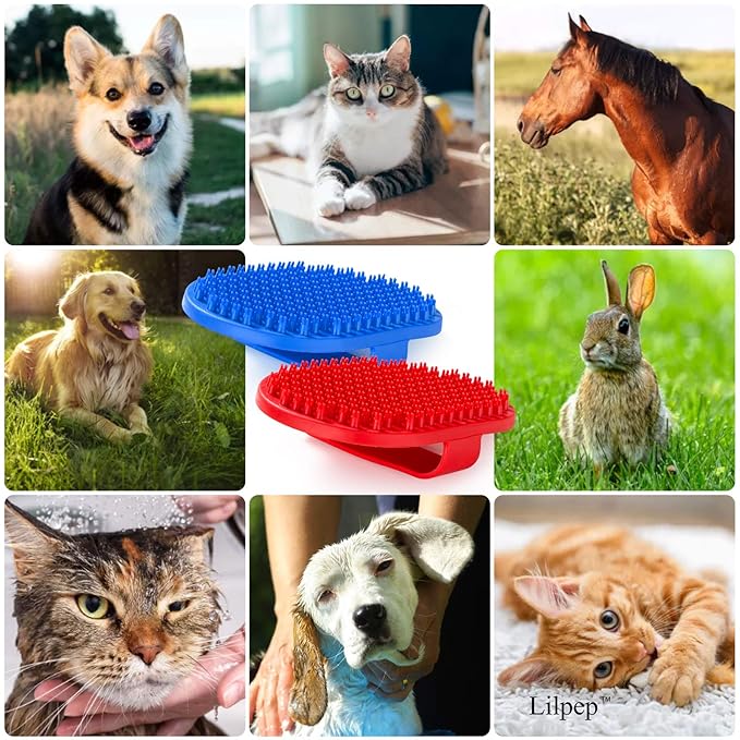 Lilpep Dog Bath Brush, Rubber Pet Shampoo Brush with Silicone Bristles for Massaging Grooming, Removing Short Haired Dogs Cats Shedding, Tangles and Dead Undercoat 2pcs (Blue+Red, plum brush)