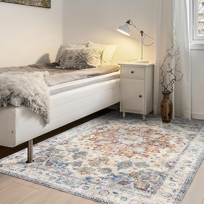 Area Rug 3횞5, Vintage Boho Rug,Ultra-Soft Low Pile, Washable, Non Slip,Stain Resistant Printed Carpet for Living Room Bedrooms Playroom Office Kitchen, Blue/Red